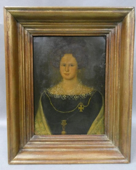 Portrait of Royalty Woman Painting on Tin, 1680's, unsigned, in Wood Frame