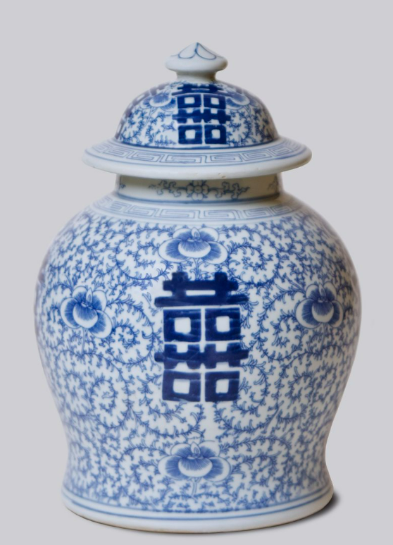 Medium Blue & White Porcelain Double Happiness Jar