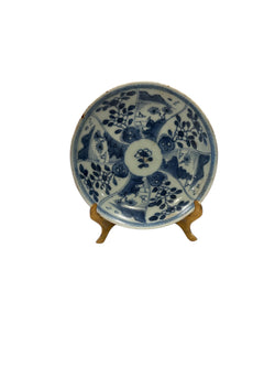 Blue and White Plate with Brass Stand, Vintage - Anecdote