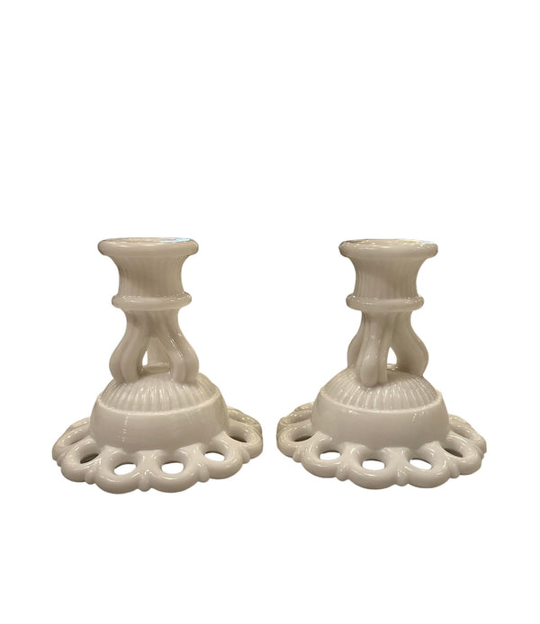 Pair of Milk Glass Candle Holders - Anecdote