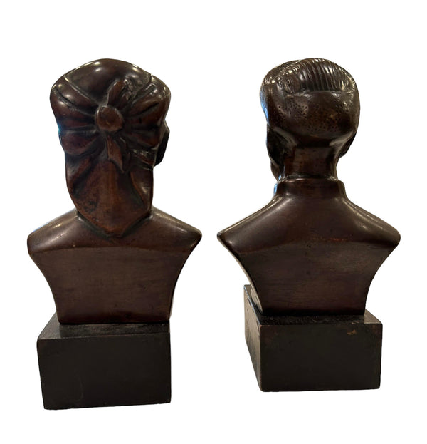 Chinese Bronze Bust of Man and Woman on Woden Pedestal, Vintage