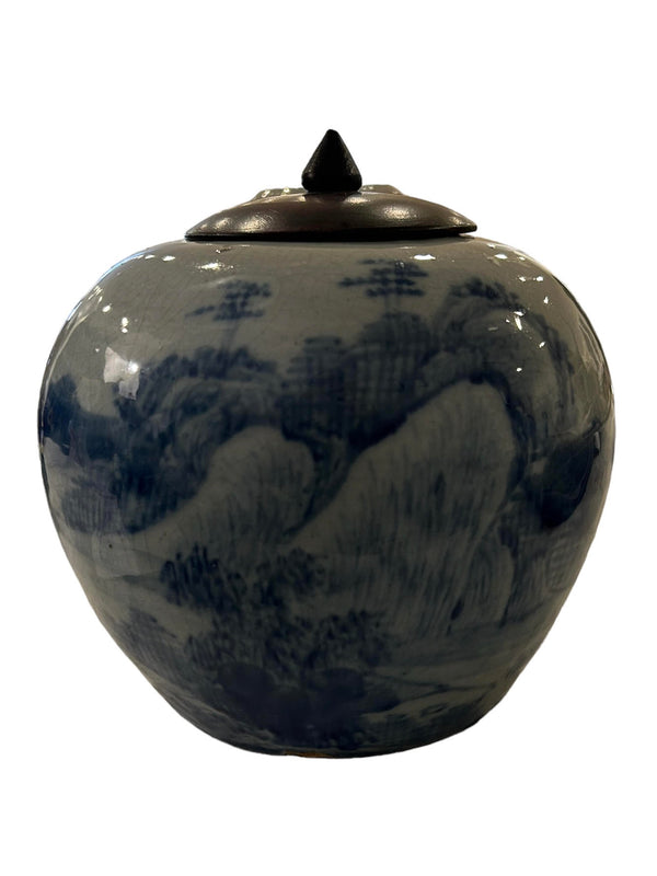 Asian Porcelain Jar with Wooden Lid, Vintage
