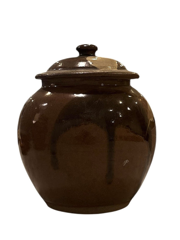 Brown and Cream Pottery Jar with Lid