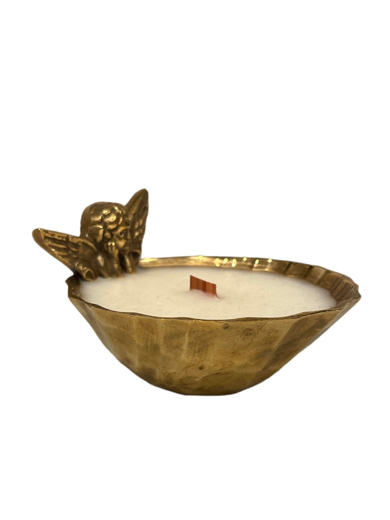 Vintage Brass Angle Dish with Wood Wick Candle