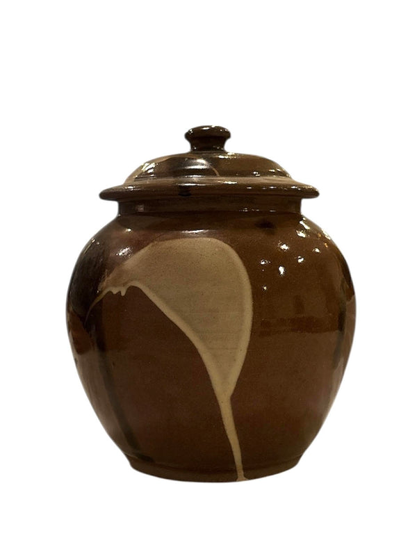 Brown and Cream Pottery Jar with Lid