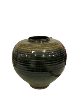 Round Pottery Vase with Blue/Green Glaze, Vintage
