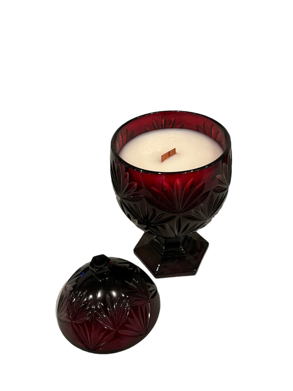 Vintage Cranberry Glass Candy Dish with Wood Wick Candle