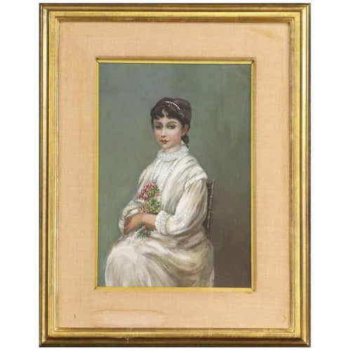 Elegant Seated Woman in White Gown, Oil Painting