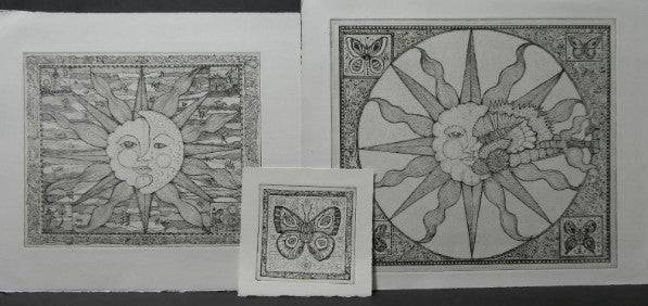 Black and White Etchings of Butterfly and Suns, Unframed - Anecdote
