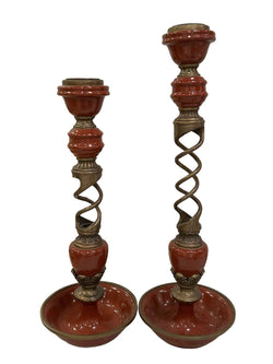 Pair of Ceramic and Twisted Brass Candlesticks - Anecdote