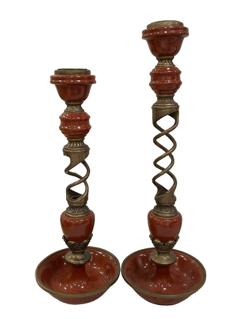 Pair of Ceramic and Twisted Brass Candlesticks - Anecdote